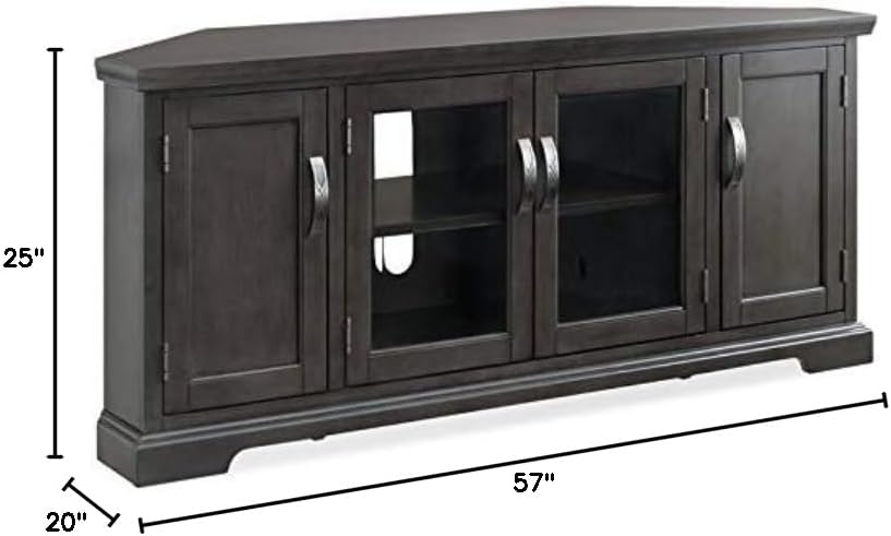 BOWERY HILL Corner TV Stand, 57 in, Hardwood Solids and Veneers, Riverstone Finish, Fits TVs Up to 60 in, Adjustable Shelves, Wire Management, Enclosed Cabinet Storage, Glass Doors, Living Room Media