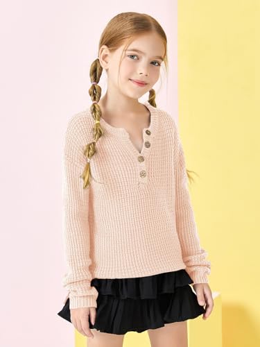 Image of rrhss Girls Waffle Knit Sweaters Trendy Henley Button V Neck Long Sleeve Pullover Jumper Tops