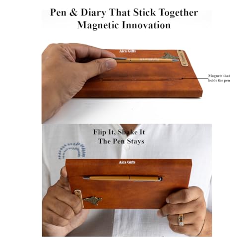Image of AICA Personalized Name & Charm Magnetic Stick Leather (Tan Brown) Diary & Roller Pen | Customized Corporate Gift for Men|Diwali Gifts for Family and Friends | Diwali Gift |Diary for Men|Gifts For Men