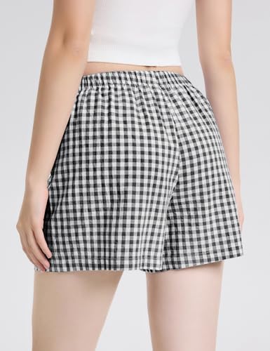 Image of LOMON Boxer Shorts for Women Summer Gingham Pajamas 2026 Lounge Sleep Pj Plaid Shorts Y2K Beach Bottoms with Pockets