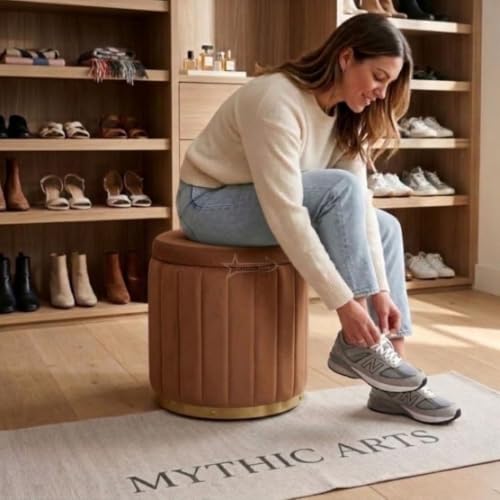 Image of Superior Round Storage Ottoman Stool with Gold Metal Base | Elegant Pouffe with Secret Storage | Cushioned Footrest for Living Room, Bedroom, and Lounge (Coffee N, Small)