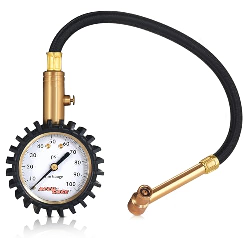 Image of Accu-Gage RRA100X Tire Pressure Gauge with Hose and Protective Rubber Guard, Right Angle Chuck, 100 PSI