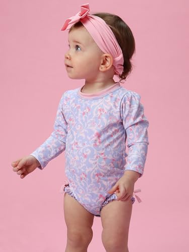 Image of RuffleButts Baby Girls UPF 50+ Sun Protection Floral Printed Long Sleeve One Piece Rash Guard Swimsuit with Zipper