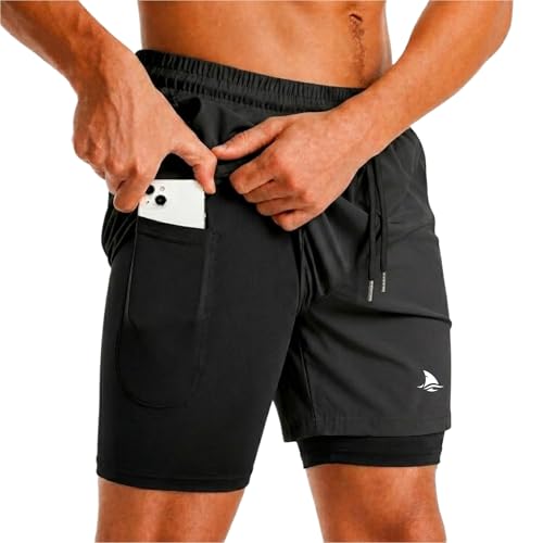 Image of Boldshark Men's 2-in-1 Running Shorts with Inner Compression Layer, Quick-Dry Sports Shorts with Phone Pocket for Gym, Running & Training