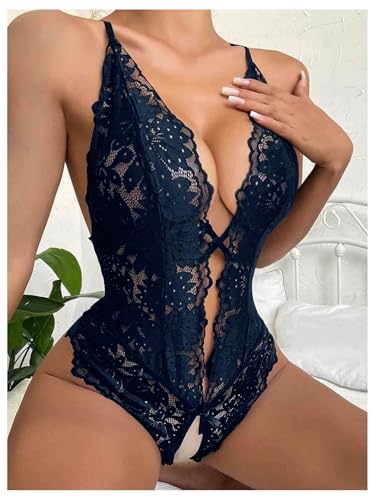 Image of SOLY HUX Women's One Piece Lingerie Sexy Lace Babydoll Deep V Teddy Criss Cross Backless Teddy Mini Bodysuit