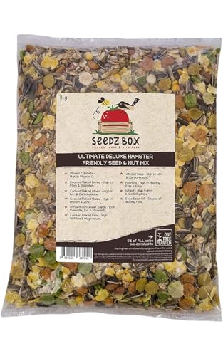 Hamster Seed Nut Feed Mix 1kg - SeedzBox Deluxe Hamster Forage Food - Natural Healthy Food For Pet Hamsters Gerbils and Mice - Sunflower Seeds Peanuts Maize Barley and Vitamin C