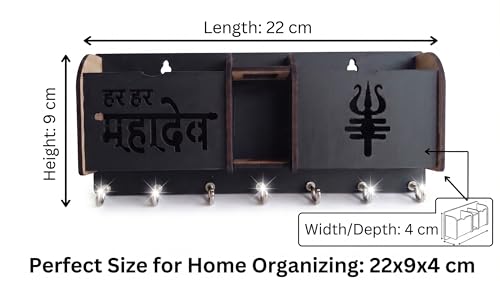 Image of Premium Wooden Har Har Mahadev & Trishul Key Holder for Wall | 7 Hooks Key Hanger with 3 Compartments for Mobile, Mail & Wallet | Lord Shiva Spiritual Wall Organizer for Home Decor & Office