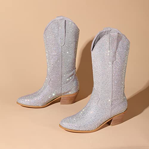 Atuelang Women'S Rhinestone Cowboy Boots Sparkly Knee High Cowgirl Boots Fashion Pointed Toe Chunky Block Heel Mid Calf Booties Pull On Trending Tall Western Boots Silver Size 7 thumb #3
