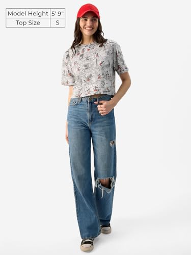 Image of The Souled Store Official Mickey Mouse: Comic Pattern Women and Girls Short Sleeve Round Neck Grey All Over Print Oversized Fit Cropped T-Shirts