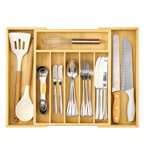 Vtopmart Expandable Bamboo Drawer Organizer for Kitchen, Adjustable Tray | Silverware, Cutlery & Kitchen Tool Storage; Fits Vanity, Office & Utility Drawers; Keeps Essentials Organized