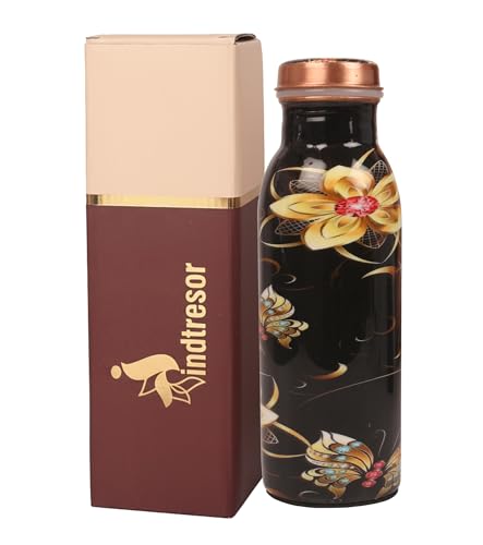 Image of Pure Copper Water Bottle - Handcrafted - Ayurveda health benefits -Small 450 ml - Leak proof - Easy to carry for Sports, Fitness, Yoga, School - Textured Black Base Floral Colorful Enamel.
