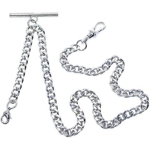 Albert Chain - Silver Pocket Pocket Watch Chain - Fob Chain - Swivel Clasp T Bar + Fob Drop Extension with Lobster Clasp AC34A Cover