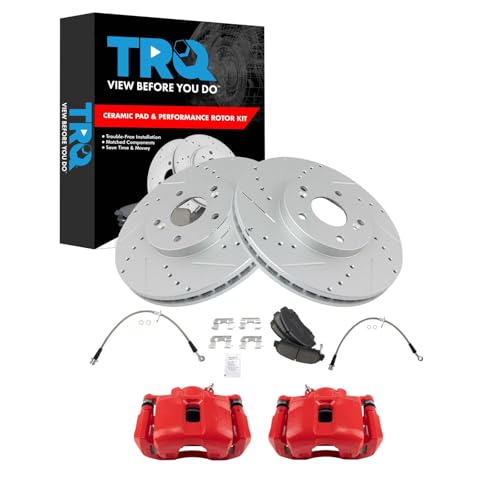 Image of TRQ Performance Front Brake Pad and Rotor Set Ceramic Slotted Drilled Coated Calipers Compatible with 2004-2008 Acura TL 2004-2008 TSX 2003-2007 Honda Accord