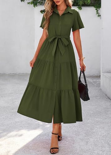 Image of KIRUNDO Summer Button Down Wedding Guest Shirt Dresses for Women Maxi Flutter Short Sleeve Flowy Tiered Beach Sun Dress