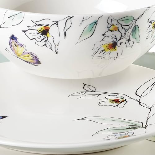 Image of Oneida Dinnerware Set, Botanica 12-Piece Dinnerware Set, Service For 4, Porcelain Material, Dishwasher And Microwave Safe, Bowls, Plates And Bowls, Dinner Dishes, Plates, Home (Green, 12 Piece)