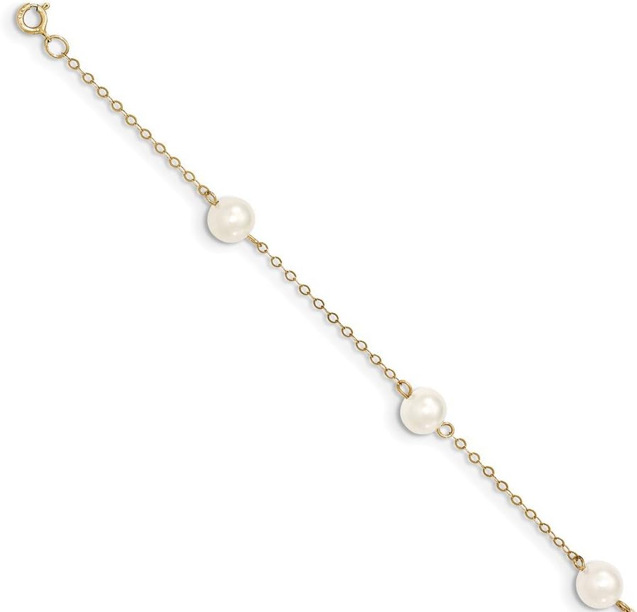 Real 14kt 6-7mm White Near Round Freshwater Cultured Pearl 6-station Anklet