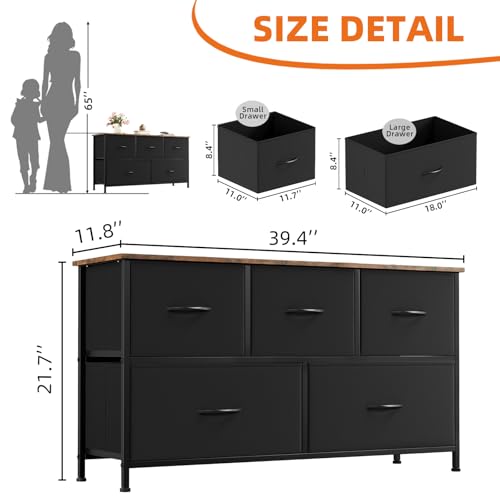 Somdot Dresser for Bedroom with 5 Drawers, Wide Storage Organizer Chest of Drawers with Fabric Bins for Living Room Closet Kids Bedside Nursery Laundry Entryway, Black Rustic Brown - Image 4