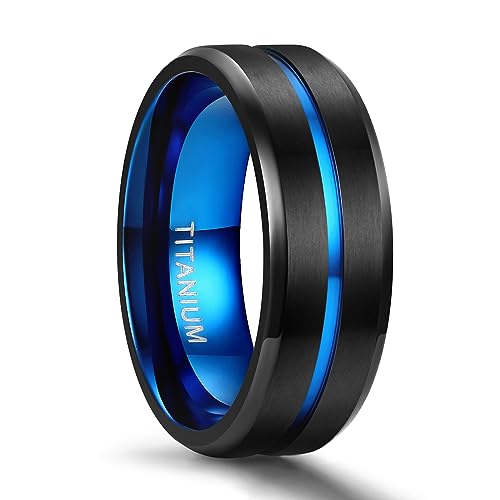 TIGRADE Titanium Ring 6MM 8MM 10MM Black and Blue Two-Tone Centre Groove Wedding Band Matte Finish...
