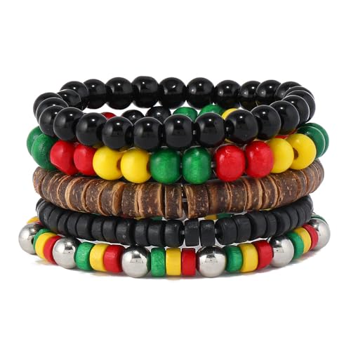 Black History Month Stackable Bracelets Set Juneteenth Accessory African Wooden Beads Stretchable Bracelets Black Yellow Red Green African Jewelry for Women