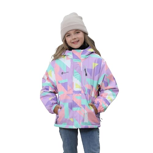 Girls Waterproof Winter Ski Jacket Warm Fleece Lined Windproof Snow Coat with Hood for Outdoor Adventure Cube Purple 9-10
