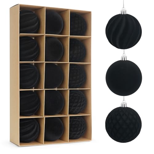 Miaikoe 15 Stück Samt Weihnachtskugeln hängende Ornamente Set, vorgebunden zerstörungsdicht Plastik Flocked Weihnachtskugeln Weihnachtsdekorationen Festival Feiertag Party Dekor (schwarz, 8CM)