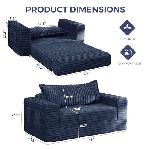 Image of MAXYOYO Convertible Sofa Bed, 2 in 1 Folding Couch Bed for Small Space, Pull Out Loveseat Sofa Couch with Large Back Pillow, Plush Faux Fabric Lounge Couch for Living Room, Apartment, Navy
