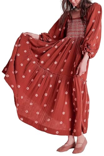 Willow Dance Women Casual Bohemian Floral Dress Square Neck Ruffle Swing A Line Long Sleeve Beach Maxi Dress with Pockets Brown m