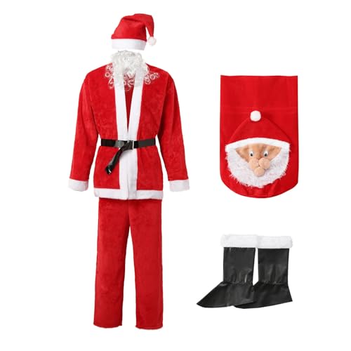 HELLORSOON Costume PèRe Noel Homme, DéGuisement PèRe NoëL Rouge en Velours Luxe Saint Nicolas NoëL Costume De Ensemble De Grande Taille Chapeau avec Perruque Barbe Gants Ceinture Pantalon Bottes.