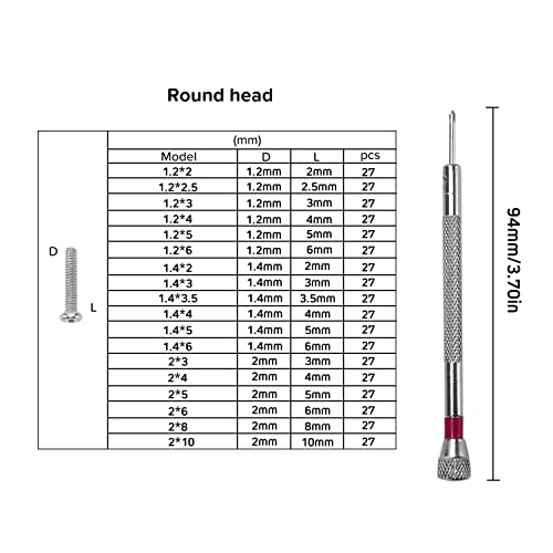 YIXISI 500 PCS Tiny Micro Repair Screw Kit, 18 Sizes Stainless Steel Tiny Screws with Screwdriver, M1.2 M1.4 M2 Watch Glasses Computer Replacement Screws Kit, Silver