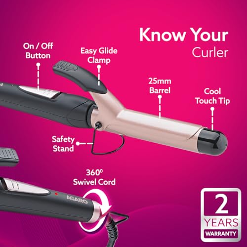 AGARO HC6001 Hair Curler with 25MM Barrel, Rod, Tong, Tourmaline Infused Ceramic Coated Plates, Cool Touch Tip, Fast Heating, for Women, Long and Short Hair Curling, Styling,... - Image 3