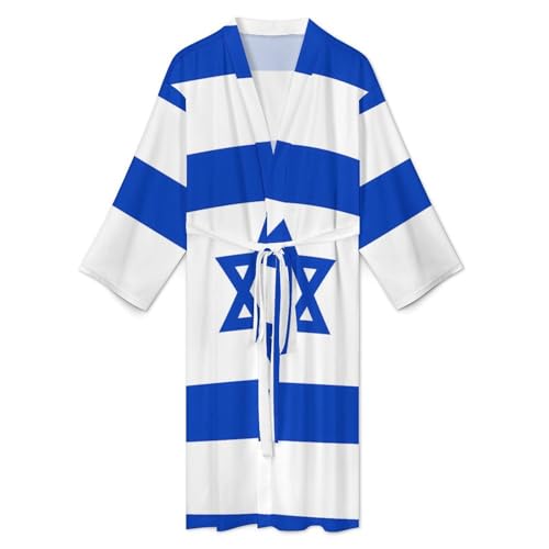Israel Flag Israeli Star Mens Bathrobe Soft Long Bath Robe Warm Spa Robe Nightgown Quick Dry with Waist Belt3