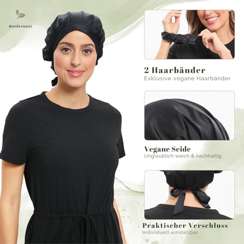 Wonderwear® Veganes Seidenset aus Deutschland - Zum Schlafen für optimale Haargesundheit - Schlafhaube Nachhaltige Vegange Seide - Vegane Seidenmütze ideal als Geschenkset