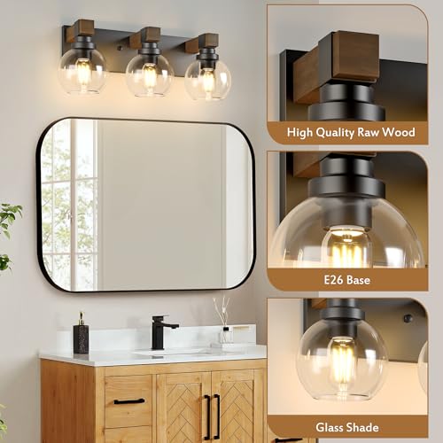 Image of LmnLvn Farmhouse 3-Light Bathroom Vanity Light, Wood & Metal Glass Shade