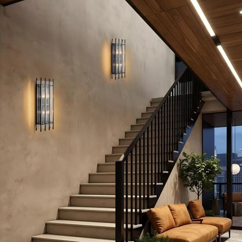 Image of Modern Black Wall Sconce,25in Grand Rectangular Ribbed Glass Wall Sconces,Indoor Hardwired Wall Sconces for Large Spaces,for Living Room,Hallway,Stairway Sconces Wall Lighting,Included E12 Bulbs