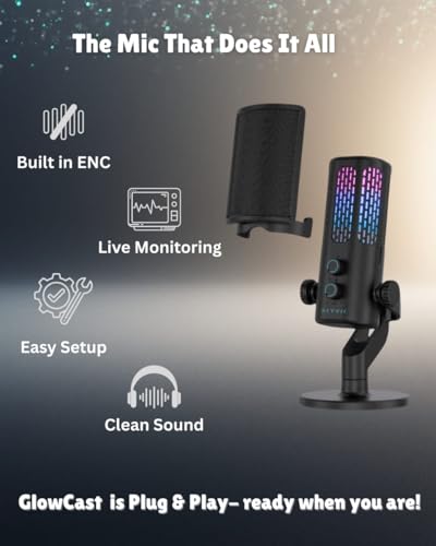 Image of SKYVIK Glowcast USB Condenser Microphone with Noise Cancellation, RGB Lighting & Zero-Latency Monitoring for Podcasting, YouTube, Streaming & Gaming