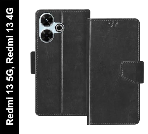 Image of SBMS Flip Cover for Redmi 13 5G / Redmi 13 4G Back Cover Case with Magnatic Closure | Inbuilt Stand | Card & Money Pocket (Black)