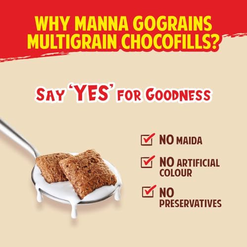 Image of Manna Choco Fills 900g Multigrain. 0% Maida, 10 Grains. Protein and Fibre Rich Breakfast Cereal or Anytime Snack. Go Grains Crunchies, 12 Hour Nutrition in Bowl. 450g (Pack of 2)