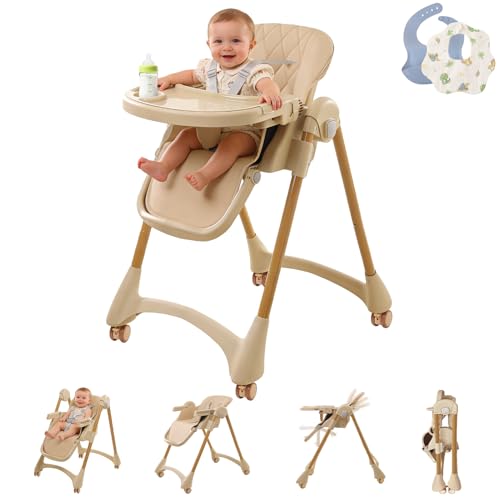 High Chairs for Babies and Toddlers Foldable Baby High Chair with Wheels for Eating 6 in 1 High Chair with Removable Tray Adjustable Backrest and Height Include 2 Bibs Tool-Free Assembly