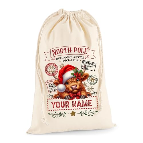 Personalised Santa Sack with Custom Name/Large Sack for Gifts & Boys/Xmas Gift Bag for Under Tree/Christmas Eve Bag/Father Christmas Highland Cow Design - Extra Large - 100% Natural Cotton