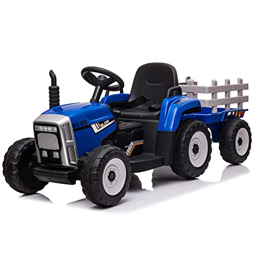 Best Deal Product Modern-Depo Ride On Tractor with Trailer, 12V Kids Electric Vehicle with 2.4G Remote Control, Music, Gear Shift Lever, LED Lights, Blue