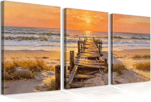 Beach Sunset Wall Art Coastal Pier Oil Painting Canvas Prints 16x12 Inch