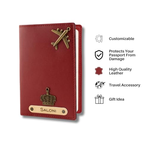Image of AICA Personalised Name & Charm Leather Passport Cover Holder for Men & Women (Wine Color Passport Full Size) | Gifts for Women | Gift for Man | Return Gifts for Birthday | Passport Cover for Men(Wine)