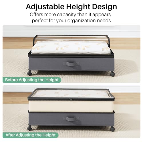 Image of Kitstorack 4 Pack Height-adjustable Under Bed Storage with Wheels, Under Bed Storage Containers,Under Bed Shoe Storage Organizer with Clear Window&Label, Suitable for Clothes Storage, Beige & Gray