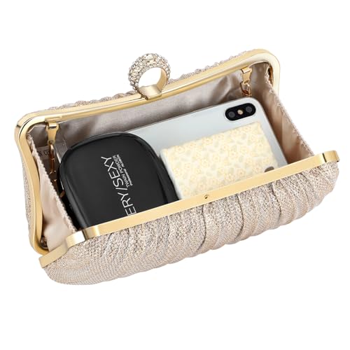 Image of Womens Golden Glitter Clutch Purse Pleated Evening Bag for Bridal Wedding Party with Rhinestone Ring