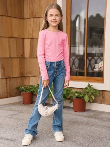 Image of Haloumoning Girls Long Sleeve Shirts Crewneck Ruched Side Slim Fit Tops Ribbed Knit Casual Tee Shirt 4-15 Years