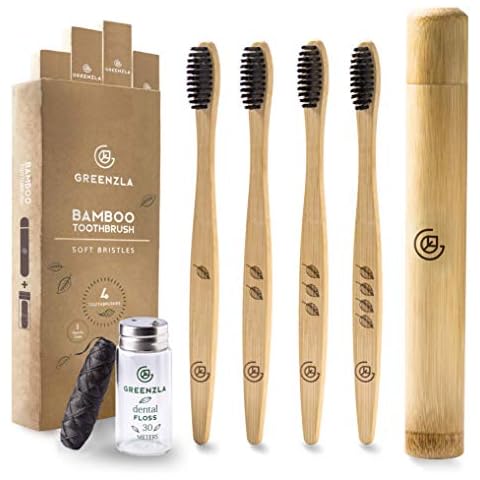 Greenzla Bamboo Toothbrush (4 Pack) with Travel Case & Charcoal Dental Floss | BPA Free Soft Bristles | Eco-Friendly, Natural Bamboo Toothbrush Set | Biodegradable & Compostable Wooden Toothbrushes Cover