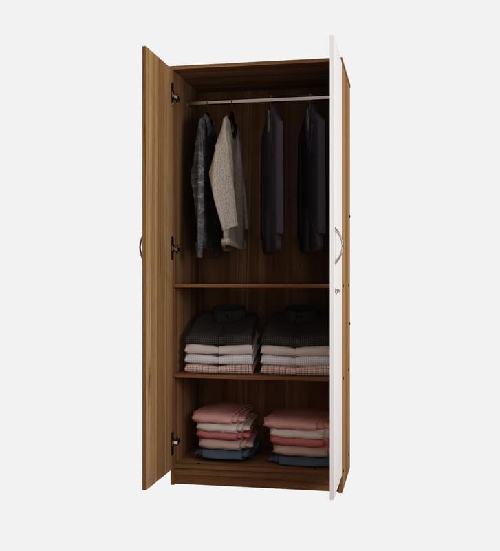 Image of Lara Multipurpose 2-Door Wardrobe | Engineered Wood | Spacious Shelves & Hanging Rail | Lyon Teak & White Finish | Durable & Space-Saving | Easy Knock-Down Assembly