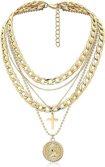O'rengela Layered Chain Necklace with Cross and Coin Pendants, Gold-Tone, Chunky Choker Link Chain