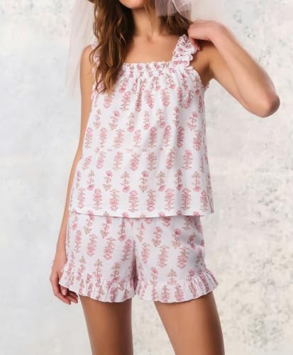 Image of Womens Summer 2 Piece Set Fashion Ruffle Trim Cami and Casual Shorts Set Cotton Pajama Sets