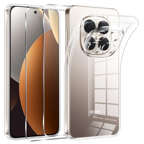 Phoona HandyHülle für Xiaomi Redmi Note 15 Pro 5G Hülle mit 2 Stück Panzerfolie,Dünne Weiche TPU Silikon Transparent Stoßfest Schutzhülle für Redmi Note 15 Pro Hülle Klar Kratzfest